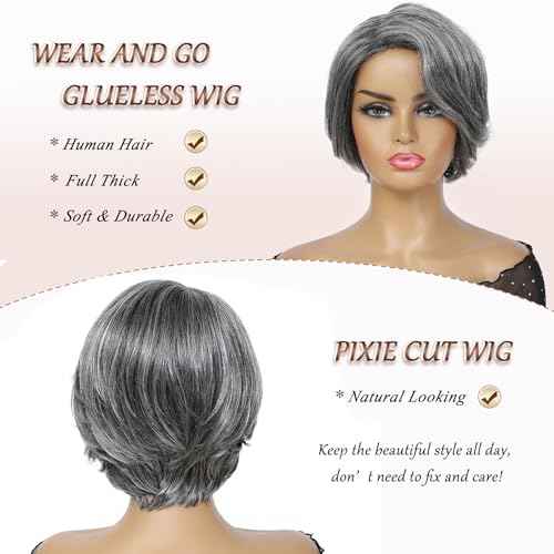 HUA Grey Human Hair Pixie Cut Wigs for Black Women - Mixed 8 Inch Short Salt and Pepper Straight Layered Grey Wigs with Natural Wave