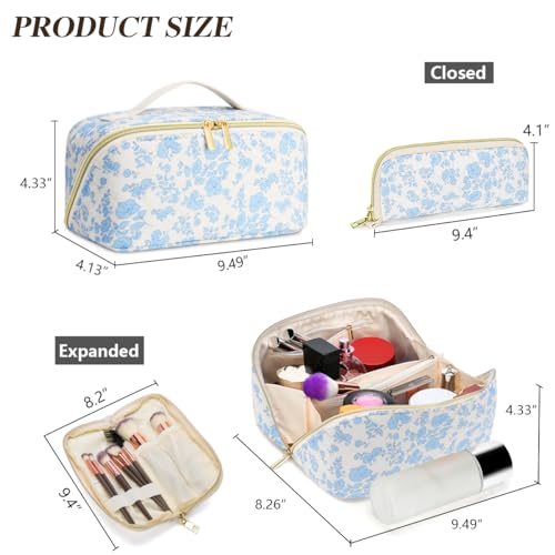 Travel Makeup Bag Set, 2Pcs Large Capacity Flower Make up Bag Quilted Cosmetic Bag for Girls, Little Flower Cute Travel Toiletry Bag for Women Wide Open Floral Cotton Stuff Bag Skin Care Bag