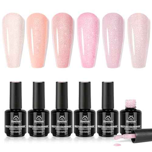 Beetles Base Color Gel Nail Polish Set ? 6 Colors Nude Gel Polish, 5 in 1 Builder Rubber Base Coat, Self Leveling Soak Off U V LED Lamp Cure Strengthening for Natural Nails and French Manicure