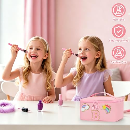 OCHEAL Pink-Rainbow Initial Makeup Bag Travel Cosmetic Case for Girls