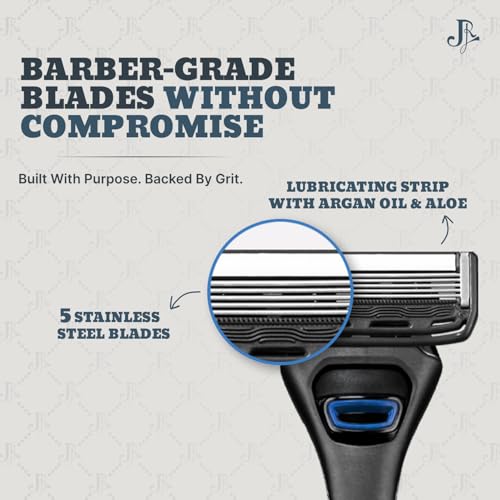 Jeremy's Razors for Men: Precision 5 Blade Razor - Stainless Steel Blades, Lubricating Strip, Precision Trimmer - Men's Shaving Kit, Travel Face Body Head Shavers (1 Razor 4 Cartridges)