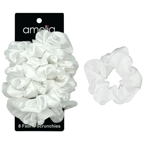 Eight (8), White, Soft Satin Scrunchies.