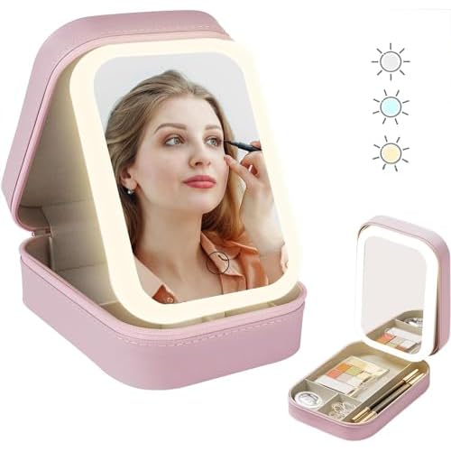 Travel Makeup Case with Lighted Mirror, Partitionable Cosmetic Bag, Professional Cosmetic Artist Organizer, Waterproof Portable, Travel Toiletry Bag (Pink)