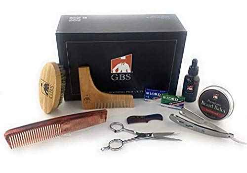 G.B.S Beard Care Razor kit, Beard Oil, Beard Brush, Sandalwood Beard Balm, Barber Scissors, Dressing Comb, MCT Mustache Comb and Razor Shavette Blades