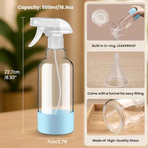 Glass Spray Bottles with Silicone Sleeve 16.9oz 2 Pack Empty Spray Bottle for Hair Mist/Stream Spraying for Cleaning Solutions, Plants, Essential Oils (clear-qblue&grey)