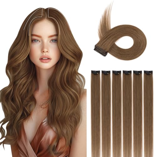 S-noilite 6Pcs Clip in Human Hair Extensions,Remy Single Clip in Hair Extensions 6Pcs 6clips Straight Light Brown Seamless Hairpieces for Women 20Inch 44g