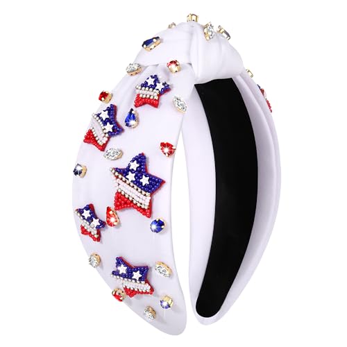 NVENF Hairband, 4th of July Headbands, American Flag Star White Headband Pearl Crystal Rhinestone Knotted Patriotic Accessories Outfits for Women Holiday Gifts