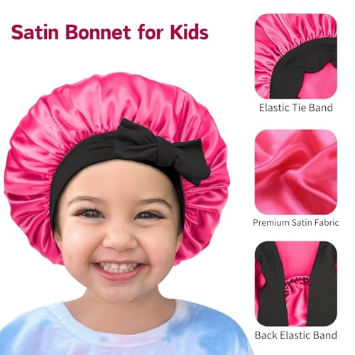 Satin Bonnet Silk Hair Cap: 2pcs Kids Bonnets with Adjustable Tie Band for Baby Toddler Sleeping Hair Bonnets Sleep Comfortable No Slip-Off (Black & HotPink)