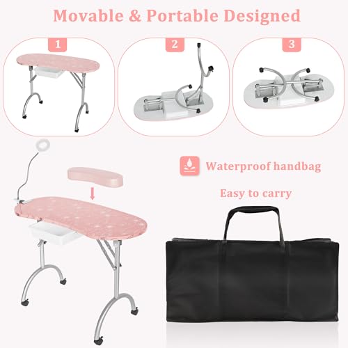 Portable Manicure Table with LED Lamp, Foldable Nail Desk on Wheels