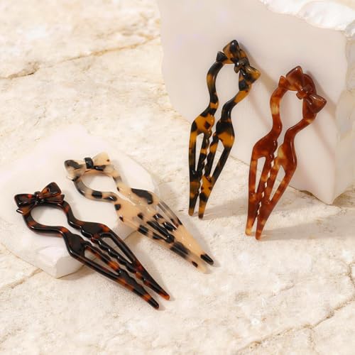 Tiefebene Tortoise Shell 4.33” French Hair Pins for Updos & Buns – Bow Design