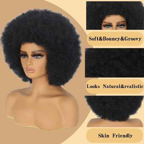 Afro Wigs for Black Women 70s Afro Curly Wigs Soft Natural Looking Fluff and Bouncy Black Afro Wigs Synthetic Hair Big Afro Wig for Daily Party Cosplay Costume(Black)