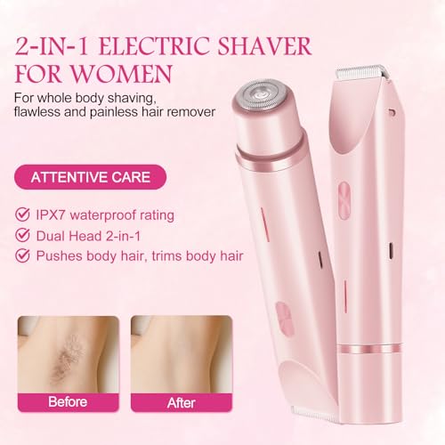 Bikini Trimmer for Women, 2 in 1 Electric Razors for Women, Rechargeable Cordless & Painless Hair Removal, Ultra Low Silent, Easy Cleaning, IPX7 Waterproof Bikini Shaver for Sensitive Skin (Pink)