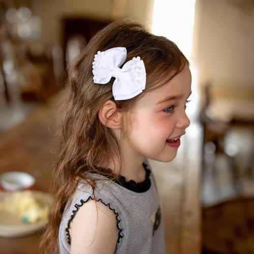 4" Flower Hair Bows for Girls White Pearl Bowknot Hair Clips Floral Ribbon Alligator Barrettes Toddler Teen Kids Women Wedding Pageant Communion Party Dress Decoration Accessory