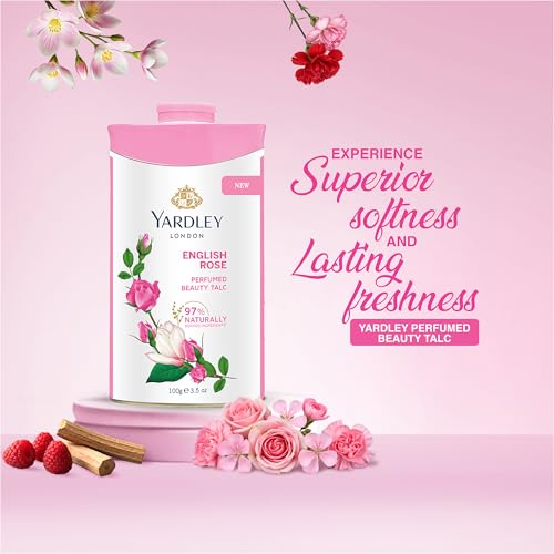 English Rose Perfumed Talcum Powder - Deodorizing Body Powder 100g - Travel Friendly Variation Rose 3.5 Oz