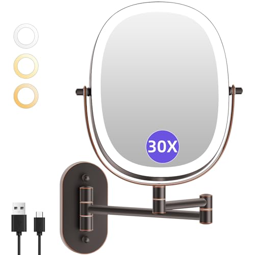 FUNTOUCH 30X/1X Wall Mounted Lighted Makeup Mirror, 5000mAh Rechargeable Double Sided Magnifying Bathroom Mirror, 3 Color Modes Touch Dimmable Extended Arm 360 Rotation, Antique Bronze