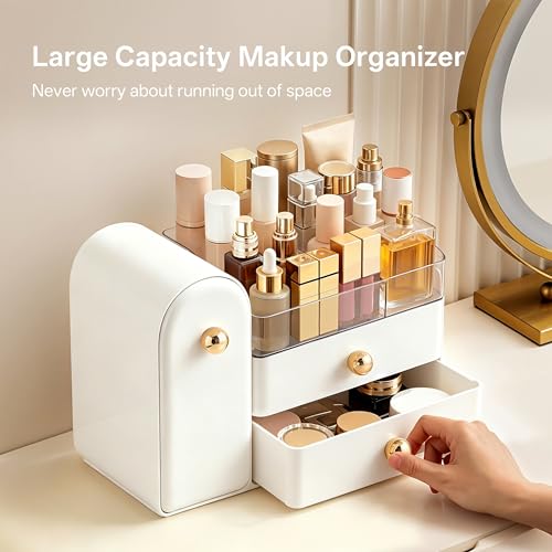 HBlife Makeup Organizer with Drawers & Brush Holder - White & Gold