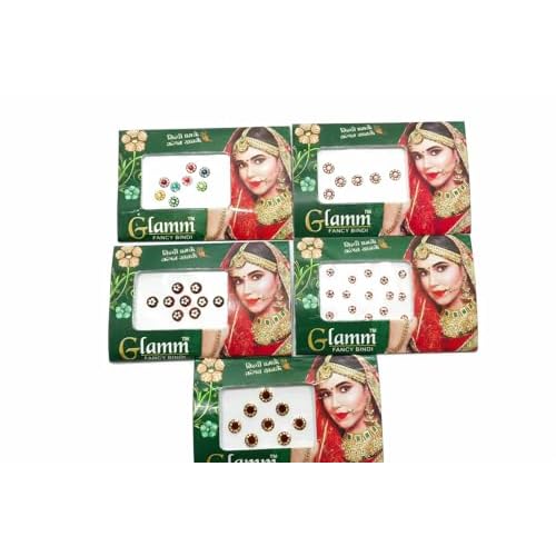 Indian Designer Multicolour Bindi Pack of 5 | Glitter Sparkle Crystal Diamond Stone Bindis | Self-Adhesive Bollywood Style Forehead Stickers | Reusable Body Art Jewel for Women & Girls