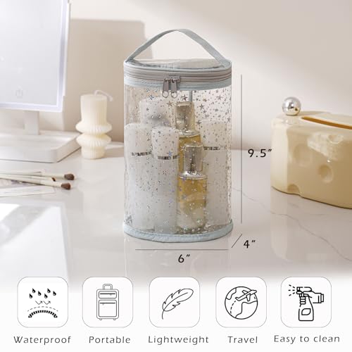 Clear Star Lotion Cylinder Bag for Toiletry,Waterproof PVC Sunscreen Travel Makeup Bag,Top Handle Cosmetic Bag Gift for Beach and Pool(02Light Blue)