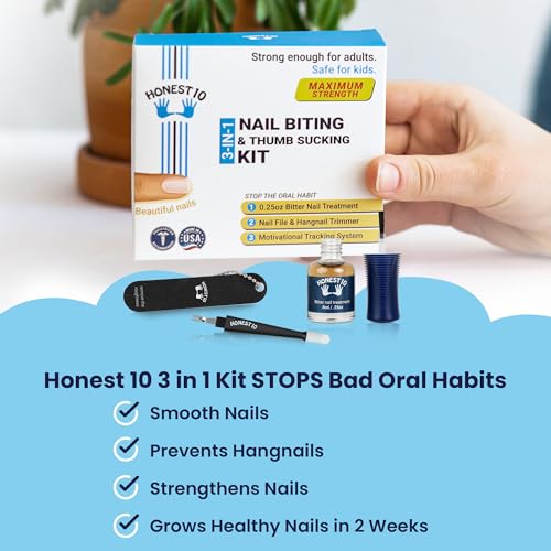 Honest10 Nail Biting Prevention Kit for Adults & Safe for Kids - Break The Habit - Includes Nail File, Hang-Nail Trimmer, Tracking Chart, and Bitter Nail Polish (0.25 oz)