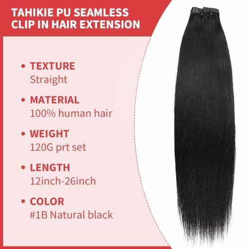 Seamless Clip in Hair Extensions Human Hair Full Head Natural Black PU Seamless Hair Extensions Straight 8pcs 120g Clip ins 100% Remy Human Hair Extensions For Women (16 inch, #1B)