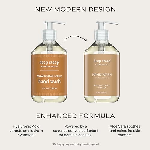Deep Steep Liquid Hand Wash, Brown Sugar Vanilla, 17.6 oz ? Moisturizing Cleanser with Olive Oil, Aloe Vera, Glycerin & Hyaluronic Acid ? Vegan, Clean Beauty, Soft & Nourished Hands