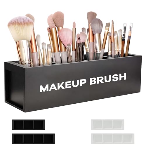 Suli Large Makeup Brush Holder Organizer, Wooden Cosmetic Brushes Storage with 4 Slots, Eyeliners Display Case for Vanity Desktop Bathroom Countertop -Black
