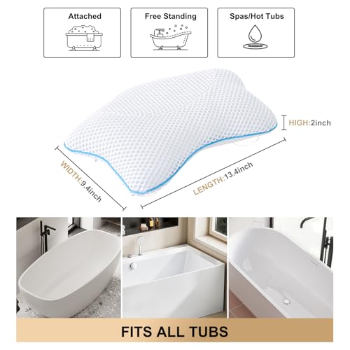 Non Slip Bath Pillow, Luxury Spa Bathtub Head & Neck Rest Support, Permeable Quick Drying Air Mesh Tub Pillow with 4 Large Suction Cups, Fits Any Tubs, Soft and Relaxing (White)
