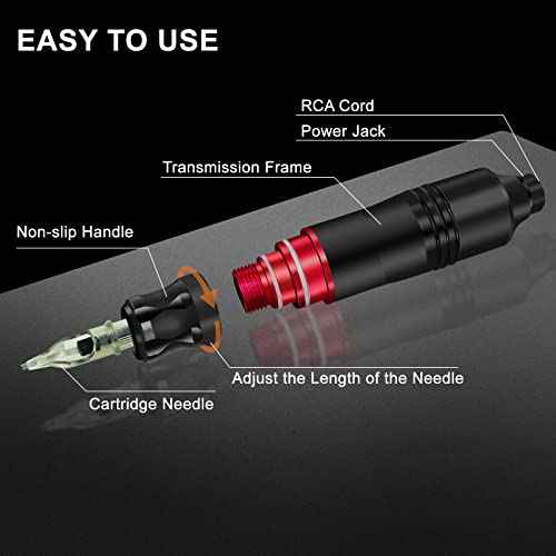 Tattoo Gun Kit for Beginners, Rotary Pen with Power Supply, Professional Ink Kit, Switch & Pigment, Light Tattoo Gun 6 Pcs Cartridge Needles, Complete Starter Set (Black)