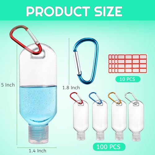 100PCS Value Hand Sanitizer Bottles with Keychains, 2OZ Travel Bottle With Clips, Portable Travel Size Bottle Squeeze Containers for Hand Sanitizer Holder with Lid - Leak Proof, Refillable