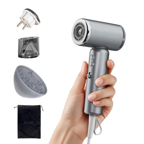 JIGGL Mini Travel Hair Dryer with Magnetic Diffuser, Dual-Voltage