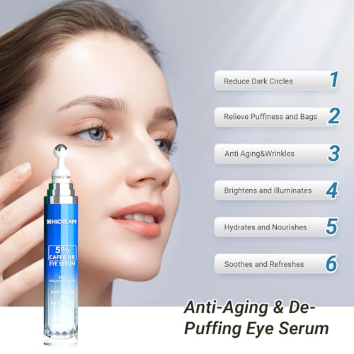 5% Caffeine Peptide Eye Serum, Under Eye Roller Cream for Dark Circles, Puffiness, Bags Under Eyes - 360° Massage Ball Cream for Wrinkles, Fine Lines and Firming (Dark Blue)