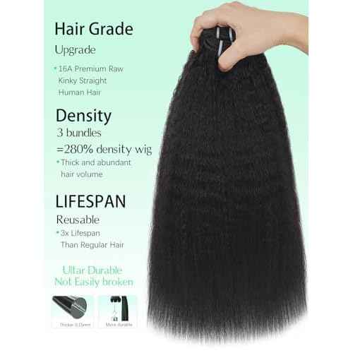 Raw Bundles Human Hair Kinky Straight Bundles 12 14 16 Inch 100% Unprocessed Brazilian Hair 16A Double Weft Kinky Straight 3 Bundles Deals Human Hair Natural Black