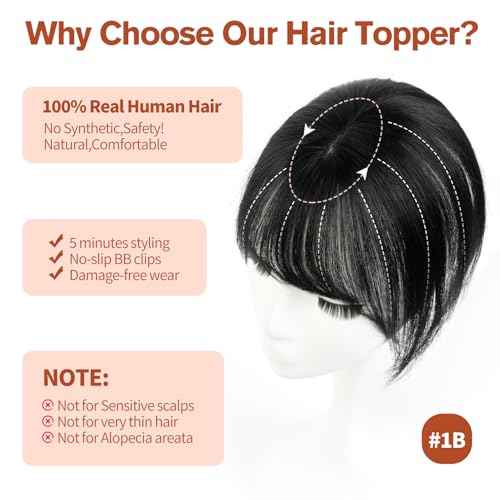 Short Hair Toppers for Women, Real Human Hair Toppers with Bangs, Clip in Human Topper for Thin hair, Thinning Crown Wiglets Hair Pieces Small Top Base 1.9"¡¿3.5" 8 Inch,0.7oz,1B Natural Black