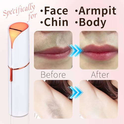Facial Hair Remover for Women & Men, Rechargeable Face Razor with LED Light, 2 Replacement Heads Included, Travel Electric Shaver for Lip, Chin, Arms, Upper Lip & Peach Fuzz (White)