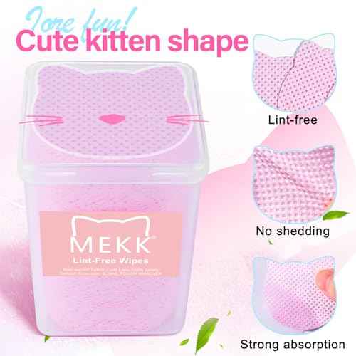 MEKK Lint Free Nail Wipes with Acetone Dispenser Set 400PCS Cat-Shaped Lint Free Wipes with 200ml Anti-Corrosion Empty Push Down Pump Dispenser Bottle for Acetone,Alcohol,Nail Polish Remover,ect