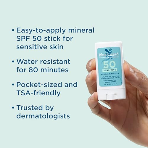 Blue Lizard SPF 50 Mineral Sunscreen Stick for Sensitive Skin, Water-Resistant, Fragrance-Free, 0.5 Oz