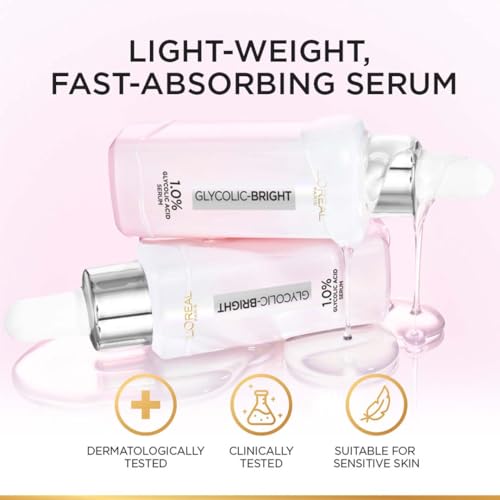 L'Oreal Paris Brightening Serum, 1% Glycolic Acid, 2% Niacinamide Serum, Visibly Minimizes Spots, Reveals Even Skin Tone, Glycolic Bright Skin, 15ml (0.52 oz)