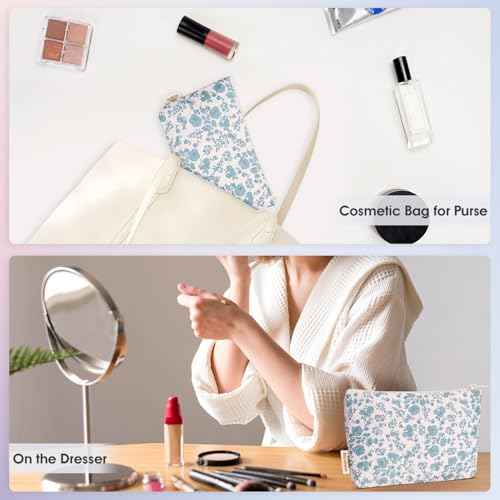 Wandering Nature Makeup Bag Small Cosmetic Bag for Purse 2 Pack Small Make Up Pouch Cute Travel Pouch with Zipper for Women, Blue Flower