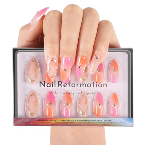 Pink Orange Swirl Press On Nails - 30 Pc Almond