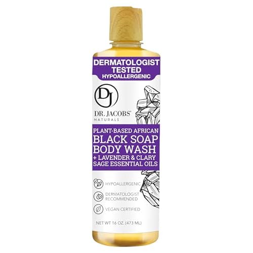 Dr Jacobs Naturals Authentic African Black Liquid Soap with Lavender & Sage Scent | All-In-One Face Wash, Sensitive Skin Body Wash, Shampoo, Shaving Soap | Moisturizing and Nourishing Formula 16oz 1pk