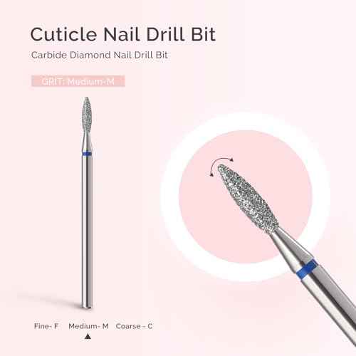 MelodySusie 2.2mm Flame Shape Cuticle Clean Nail Drill Bit 3/32'', Professional Safety Carbide Diamond Under Nail Cleaner for Cuticle Dead Skin Nail Prepare, Beginners Bits, Series Bit-S, Medium