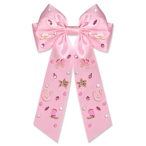 Western Hair Bows for Women Howdy Cowgirl Hair Bow Clips Cowboy Hat Boot Hair Ribbons Jeweled Big Pink Hair Bows Western Hair Accessories Bachelorette Rodeo Nashville Cowgirl Outfits Gifts (Pattern D)