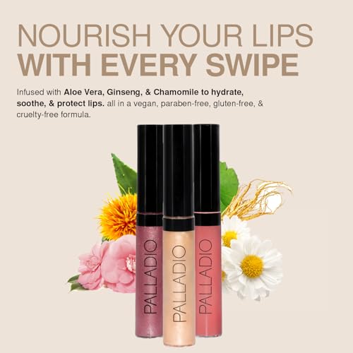 Palladio Lip Gloss, Non-Sticky Lip Gloss, Contains Vitamin E and Aloe, Offers Intense Color and Moisturization, Minimizes Lip Wrinkles, Softens Lips with Beautiful Shiny Finish, Sheer Bronze