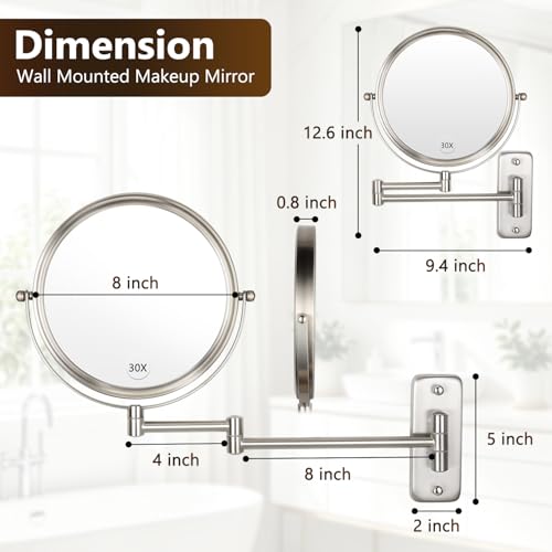 ALHAKIN 8 Inch Double Sided Wall Mounted Makeup Mirror 1X/30X Magnification Nickel (No LED)