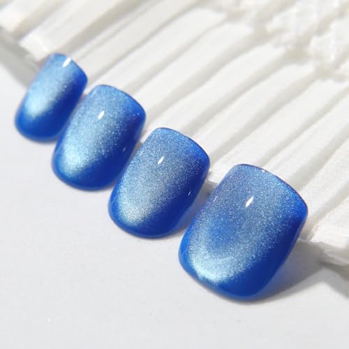 Royal Blue Cat Eye Press On Nails Short Square 30 Pcs