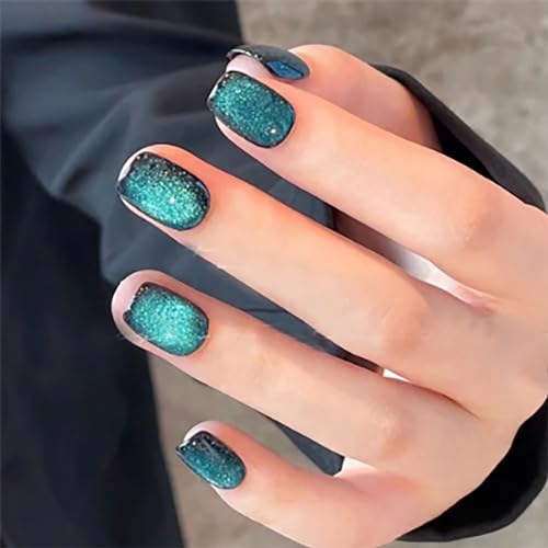 Extra Short Press on Nails Square Fall Fake Nails Blue Cat Eyes Nails Solid Color Designs Glossy Full Cover False Nails Cat Eyes Gel Nail Polish Acrylic Nails Stick on Nails for Women and Girls 24 Pcs