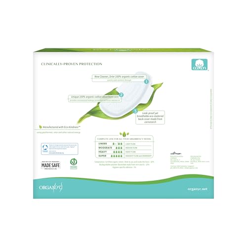 Organyc Super Flow Overnight Feminine Pads - 100% Organic Cotton, Heavy Flow, Leak-Proof, 28 Count