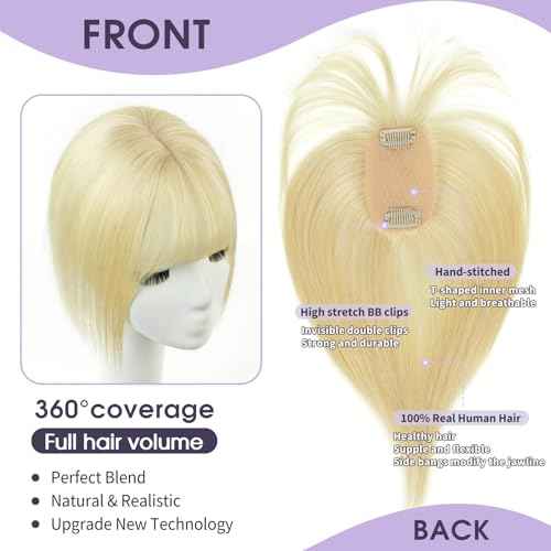 Bleach Blonde Real Human Hair Topper with Bangs Covers Thinning Crown, Clip-In Hair Topper for Thinning Hair (10Inch)