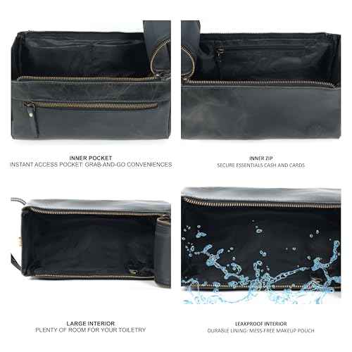 Leather Toiletry Bag for Men, Travel Duffels Essentials Shaving Dopp Kit, Mens Travel Bag Toiletries Organizer Case for Grooming, Made from 100% Real Leather (Black)
