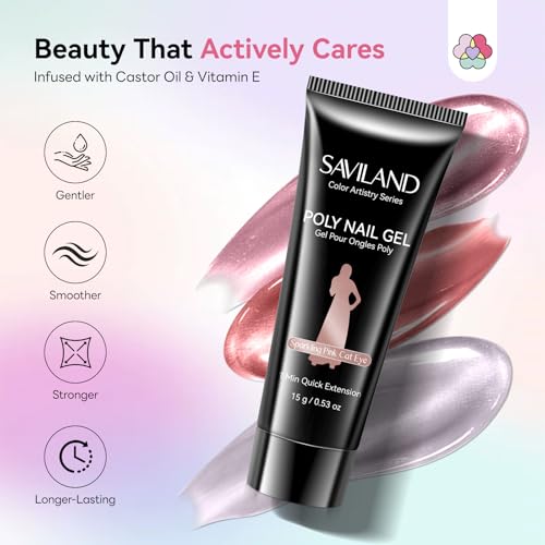 SAVILAND All-in-1 Poly Extension Gel Nail Kit: 15 Colors Poly Gel Nail Kit for 28 Days Long-Lasting, Pink Peach Cat Eye with Slip Solution U V Light for Quick Nail Extensions Home Salon Daily Art DIY